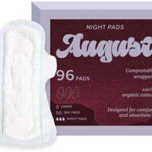 August Organic Menstrual Night Pads, 100% Certified Organic Cotton 96 Pads