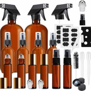 MASSUGAR Amber Glass Spray Bottles Set- Fine Mist 16 oz 2 Pack, 2 oz 4 Pack, 10 ml 2 Pack and 10 ml Roller Bottles 4 Pack