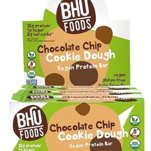 BHU FOODS Vegan Protein Bars. Chocolate Chip Cookie Dough (12 Bars)