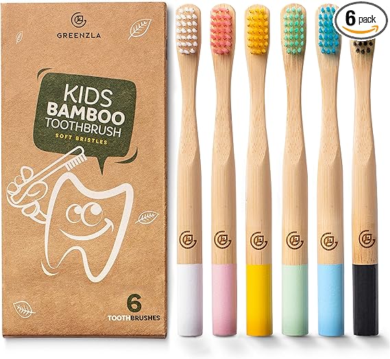 GREENZLA Kids Bamboo Toothbrushes (6 Pack)